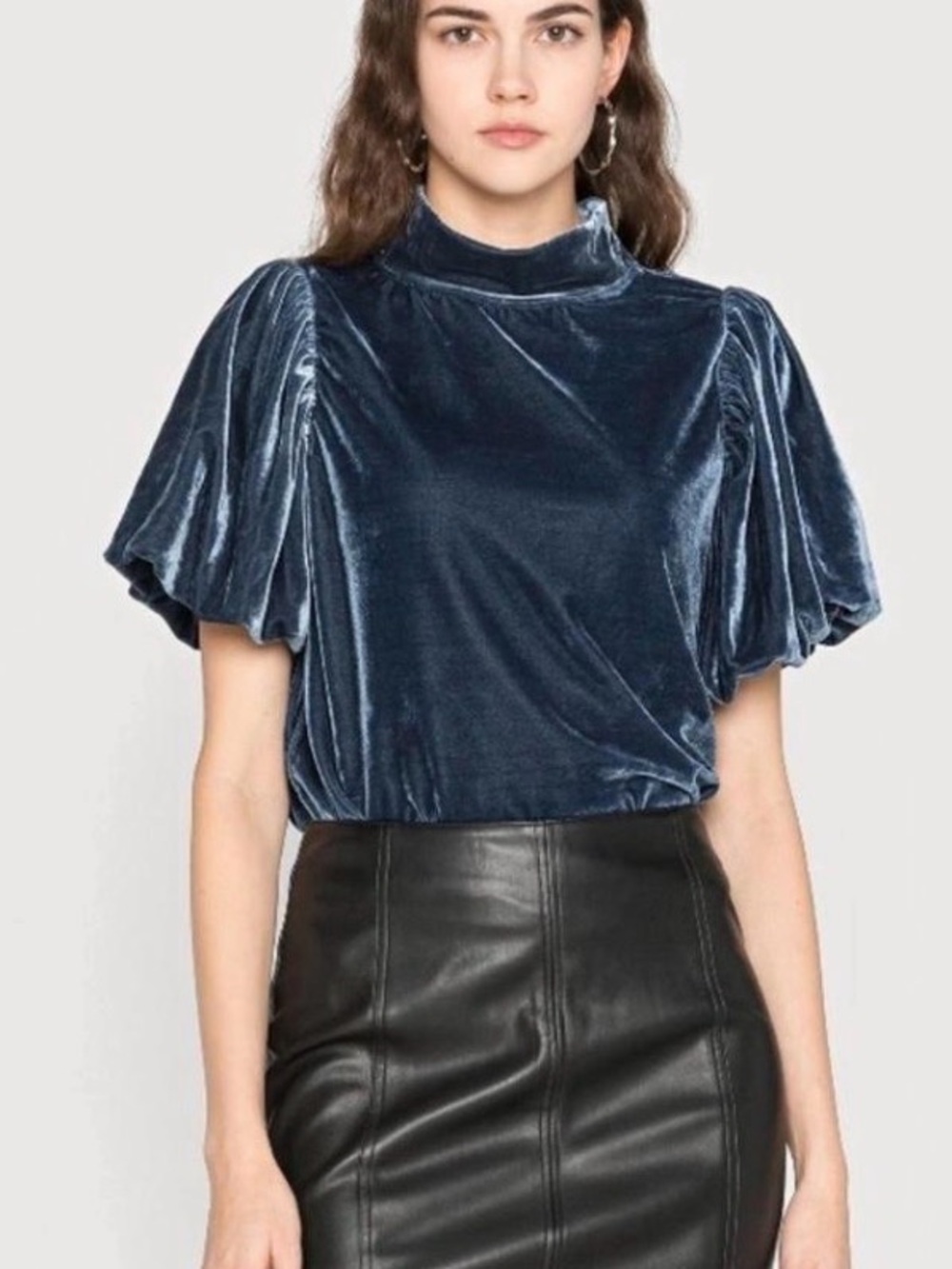 FREE PEOPLE blue Claudia Velvet Mock Neck Women's short sleeve bohemian Top XS